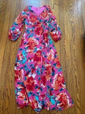 En Creme Pink Floral Wrap Maxi Dress with Teal Accents